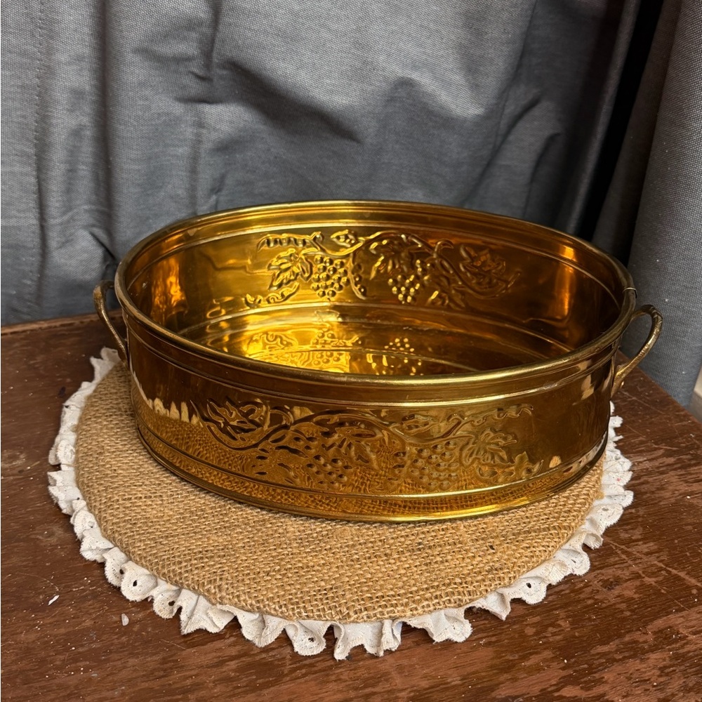 Vintage Hosley Brass Oval Handled Embossed Grape Planter Basket 9" X 6.5" X 3"H